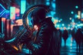 Street musician plays music on the french horn in the evening street with neon lights background Royalty Free Stock Photo