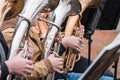 Street musicians playing horn instruments in the fall Royalty Free Stock Photo