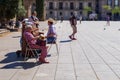 Street musicians, trumpet and piano, playing in front of Barcelona cathedral Royalty Free Stock Photo