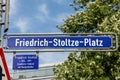 Street name sign Friedrich-Stolze-platz - engl: Square of Fredrich Stolze - honors the poet from Frankfurt