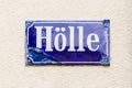 Street name sign with the name Hoelle, that ist the German word for hell, Bamberg, Germany