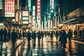 Street at night, city life at night with opened shops - Generative AI Royalty Free Stock Photo