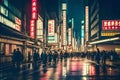 A street at night, people walking in street - Generative AI