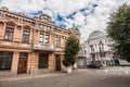 Street with old brick buildings in Kropyvnytskyi, Ukraine