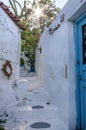Street with old buildings in Anafiotika neighborhood in Plaka , Athens, Greece Royalty Free Stock Photo