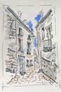 Street of old buildings, city sketch created with liner and markers. Color illustration Royalty Free Stock Photo