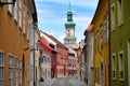 Street with old buildings and Firewatch tower in Sopron