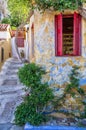 Street with old buildings in Plaka neighborhood, Athens, Greece Royalty Free Stock Photo