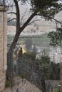 street of the old city of Jerusalem, Israel. View of the Orthodox Church through the trees