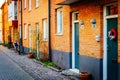 Street with old nice colorful houses in historical center of Malmo