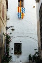 Street of the old quarter of Badalona with a lamppost and flag of the city in a window