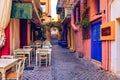 Street in the old town of Chania, Crete, Greece. Charming streets of Greek islands, Crete. Beautiful street in Chania, Crete Royalty Free Stock Photo