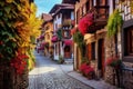 Street in the old town of Petite France, Strasbourg, Alsace, France, A charming, cobblestoned European village with bright, quaint