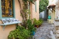 Street in the old village Chora at Alonissos island, Greece Royalty Free Stock Photo