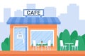 Street open cafe exterior house in city with window and glass door. Coffee shop urban building facade. City cafe. Vector