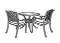 Street outdoor furniture in the summer cafe. Small round table with two wicker armchairs. Vector sketch hand drawn illustration Royalty Free Stock Photo