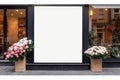 street outdoor view of a generic flower or roses shop display welcome window with blank clean signboard mockup,Generative AI