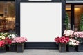 street outdoor view of a generic flower or roses shop display welcome window with blank clean signboard mockup,Generative AI