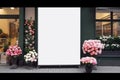 street outdoor view of a generic flower or roses shop display welcome window with blank clean signboard mockup,Generative AI