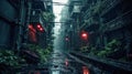 Street overgrown with plants in dystopian city, dirty alley in rain Royalty Free Stock Photo