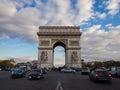 Street panorama view of historic Arc de Triomphe Etoile monument landmark traffic Champs Elysees Paris France Europe Royalty Free Stock Photo