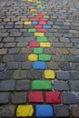 Street pavement with multi-colored painted stone blocks, close-up