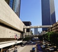 Street and pedestrian bridge in la financial district Royalty Free Stock Photo