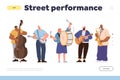Street performance landing page design template with musician playing different music instrument