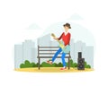 Street Performance, Male Street Musician Sitting on Bench and Playing Guitar, Creative People Profession or Hobby Vector