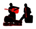 Street performers with guitar and flute, clarinet vector silhouette illustration isolated on white. Guitar player singer, flutist. Royalty Free Stock Photo