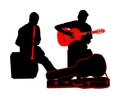 Street performers with guitar and flute, clarinet vector silhouette illustration isolated on white background. Guitar player Royalty Free Stock Photo