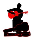 Street performers with guitar vector silhouette isolated on white background. Guitar player musician on music event. Amusement Royalty Free Stock Photo