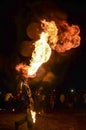 street performers put on a fire show for tourists. Royalty Free Stock Photo