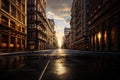 street perspective of a street view of a retro urban city. 1900s city street view. sunset alley. Royalty Free Stock Photo