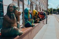 Street photography of brightly colored monkey figures depicts various emotions. Moscow. Russia. June 2020 Royalty Free Stock Photo