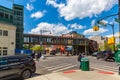 Street Photography. Brooklyn New York, Pedestrian bridge, Skyway, skybridge, skywalk above a road.