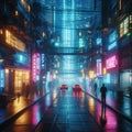 A street photography shot of a high tech neon lit cyberpunk all