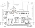 Street Pizzeria Building Landscape Scene Black Linear Style. Vector
