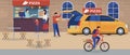 Street pizzeria, characters mother, child buy italian pizza, flat vector illustration. Pizza delivery, male with car