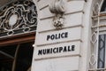 Treet police municipale means in french Municipal police sign of local police in old ancient building in France Royalty Free Stock Photo