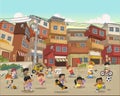 Street of poor neighborhood with cartoon children playing.