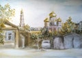 A street in a provincial Russian town. Watercolor sketch.