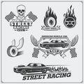 Street racing emblems, labels, badges and design elements. Vintage style.