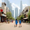 Street in residential slum with poor people with skyscrapers in background, contrast of living standards