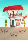 Street restaurant cafe of caffee shop concept . cartoon medieval style. bright cheerful happy mood business lunch food delivery . Royalty Free Stock Photo