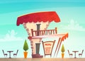 Street restaurant cafe of caffee shop concept . cartoon medieval style. bright cheerful happy mood business lunch food delivery . Royalty Free Stock Photo