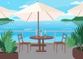 Street restaurant at seaside resort flat color vector illustration