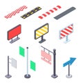 Street road signs in isometric vector illustration. Direction pointers, speed bumps and signposts set.