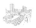 Street, road view. City sketch. Traffic jam. Highway, transport. Building architecture landscape panorama. Hand drawn