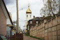 Street road view with golden dome church from bottom up Royalty Free Stock Photo